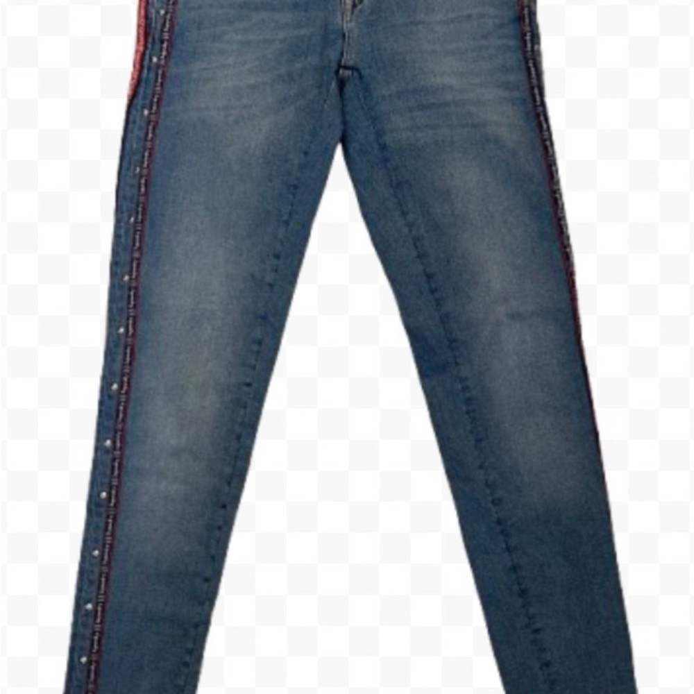 Superdry Vintage Blue Jeans & Red Logo Stripe Studs Blue Stripe Size W27 L30 EUC - Picture 2 of 12